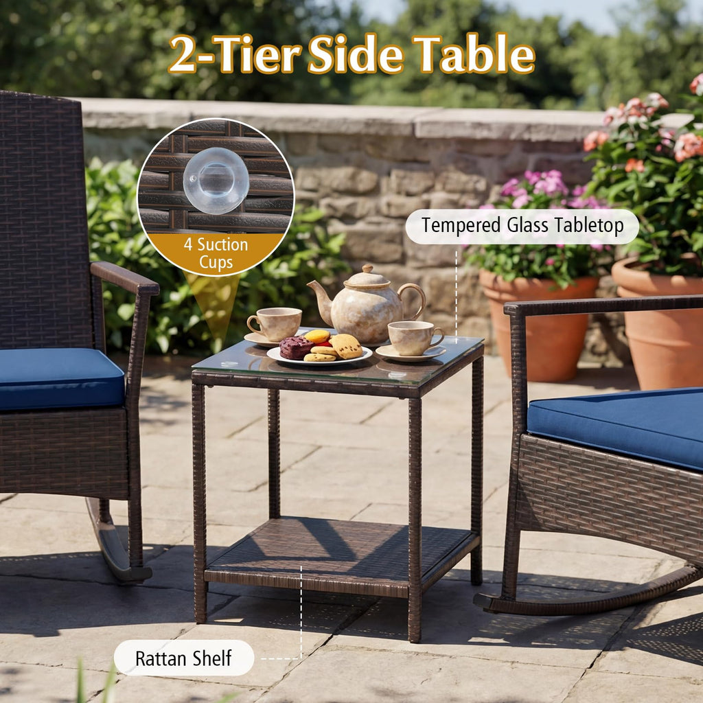 3-Piece Outdoor Bistro Set Wicker Rocking Chairs (Navy)