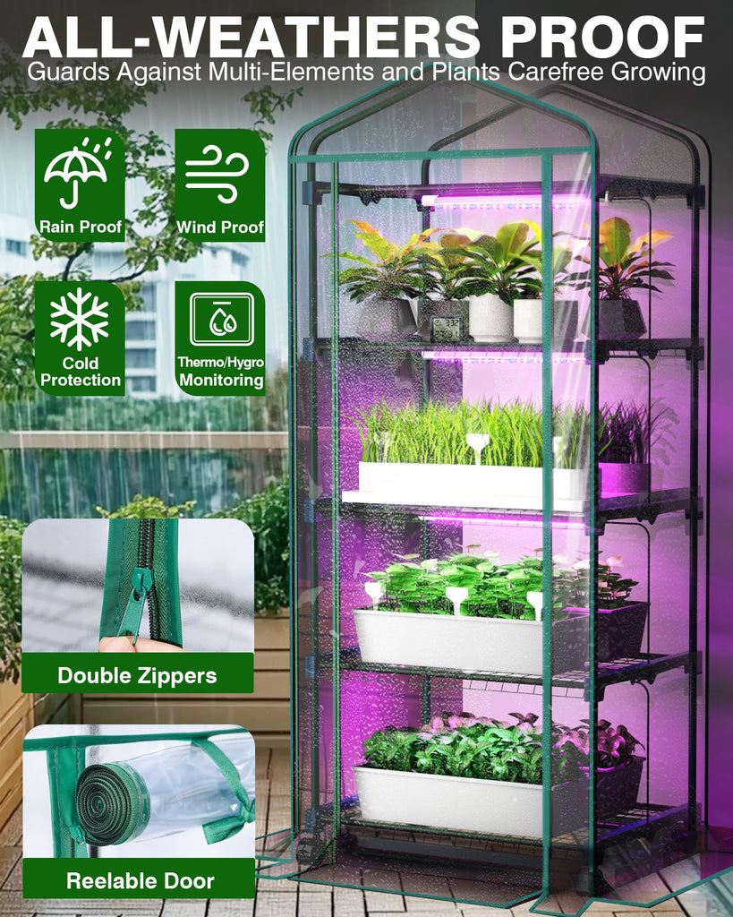 Mini Indoor Greenhouse with Grow Light - Small Portable Outdoor Plant Green House Cabinet with Wheels, Thermometer