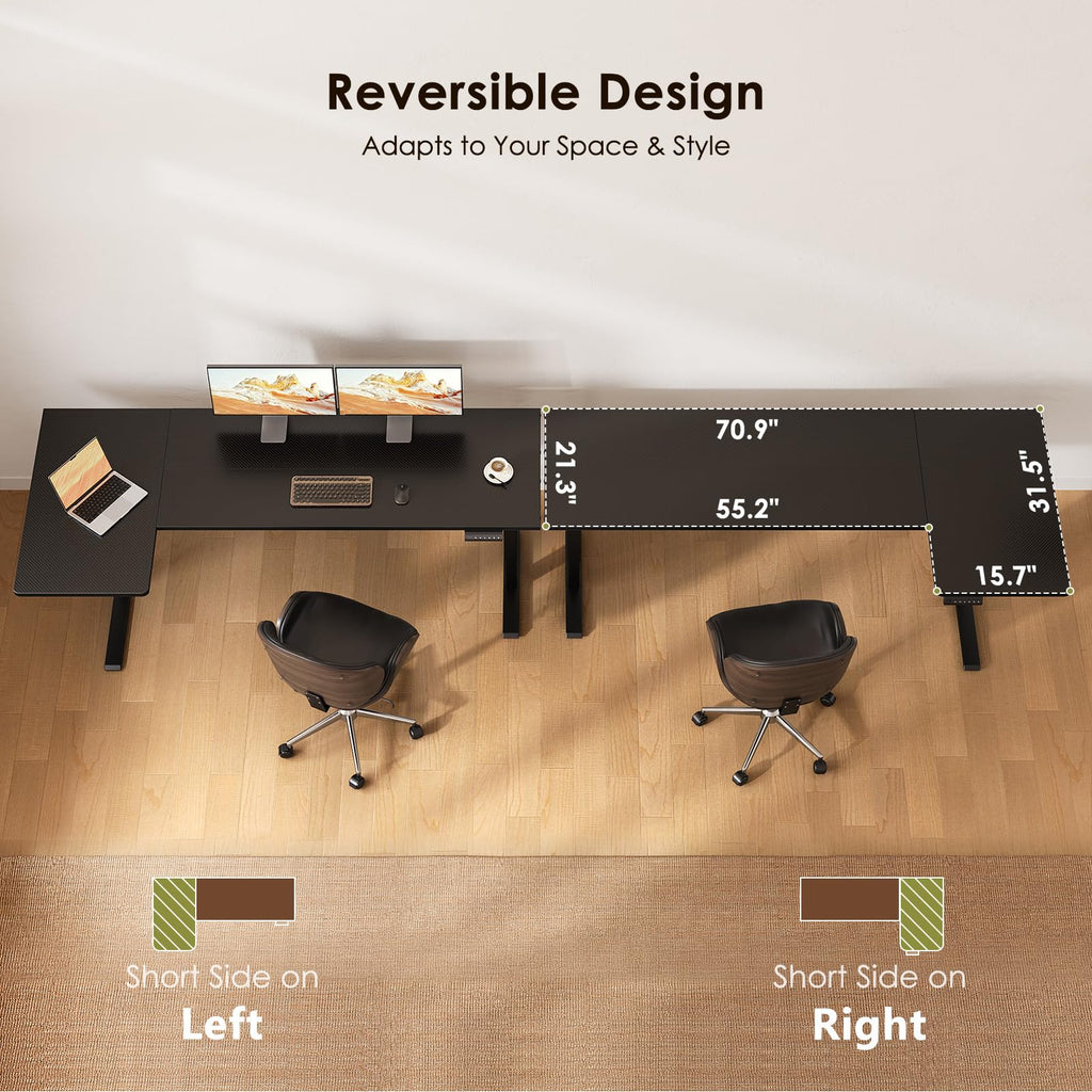 71" Reversible L Shaped Electric Standing Desk, Carbon Fiber Black