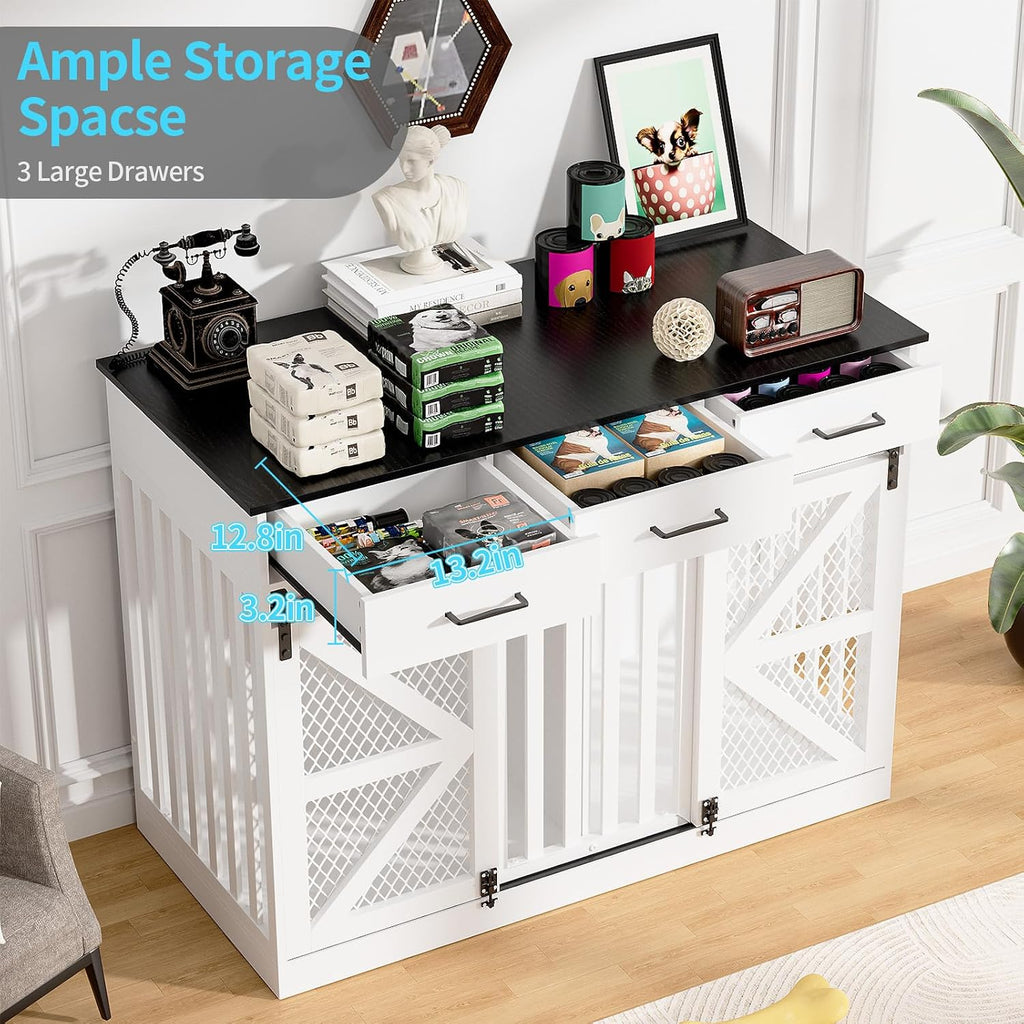 Dog Crate Furniture with Sliding Barn Door & 3 Storage Drawers