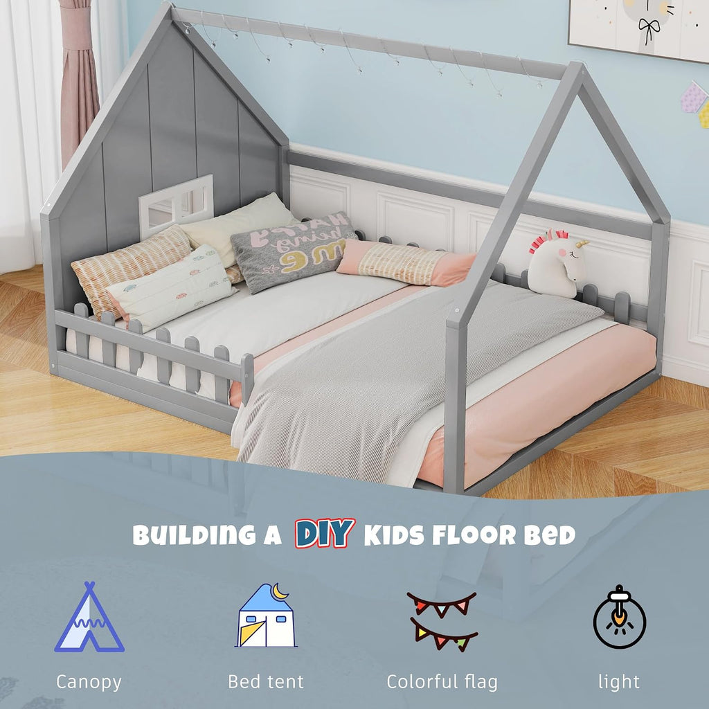 House Bed for Kids, Wood Montessori Floor Bed with LED Light Toddler Floorbed with Fence and Window