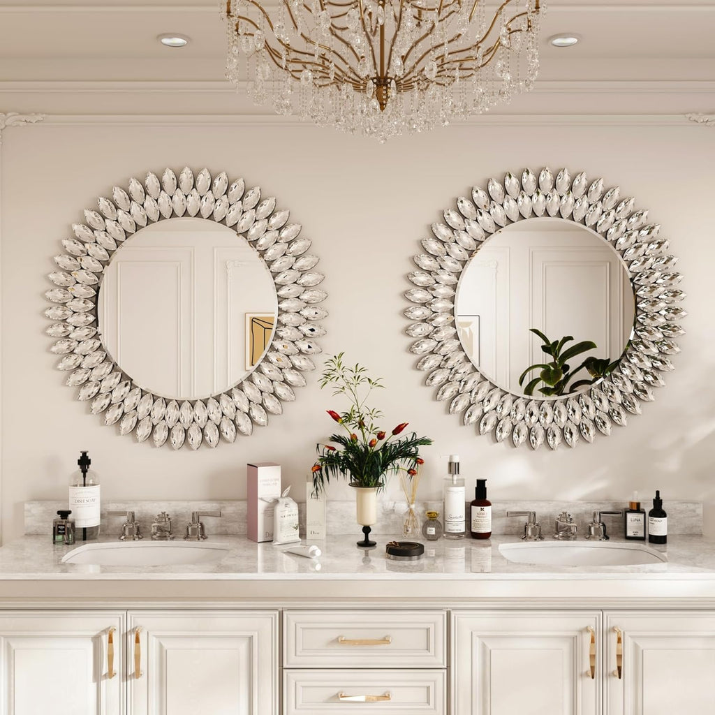 Round Jeweled Mirror for Wall Decor, 26 in Modern Decorative Wall Mirror with Luxury Diamonds Beveled Vanity Mirror