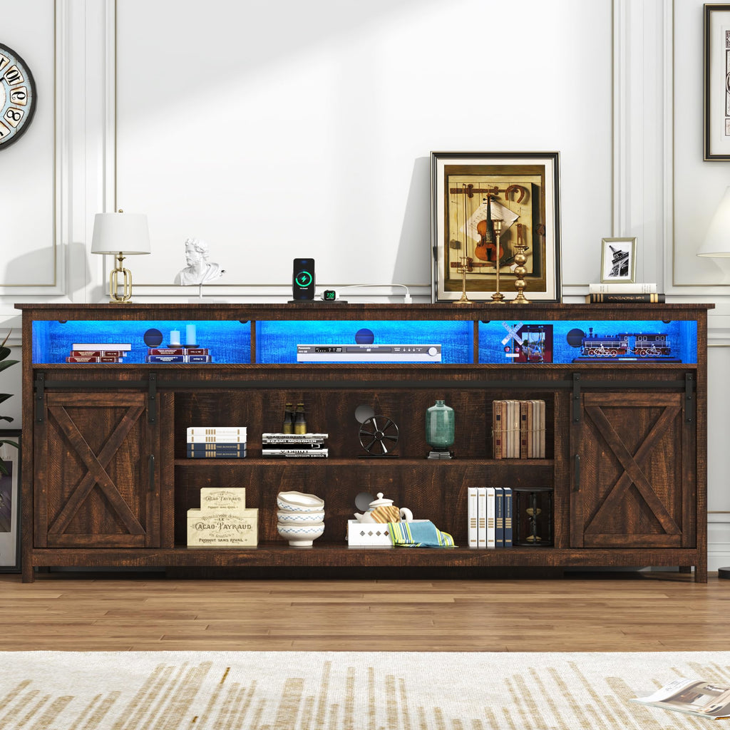 LED Farmhouse TV Stand for 90/85 inch TVs, Rustic Entertainment Center TV Cabinet Stands with Power Outlets, Brown