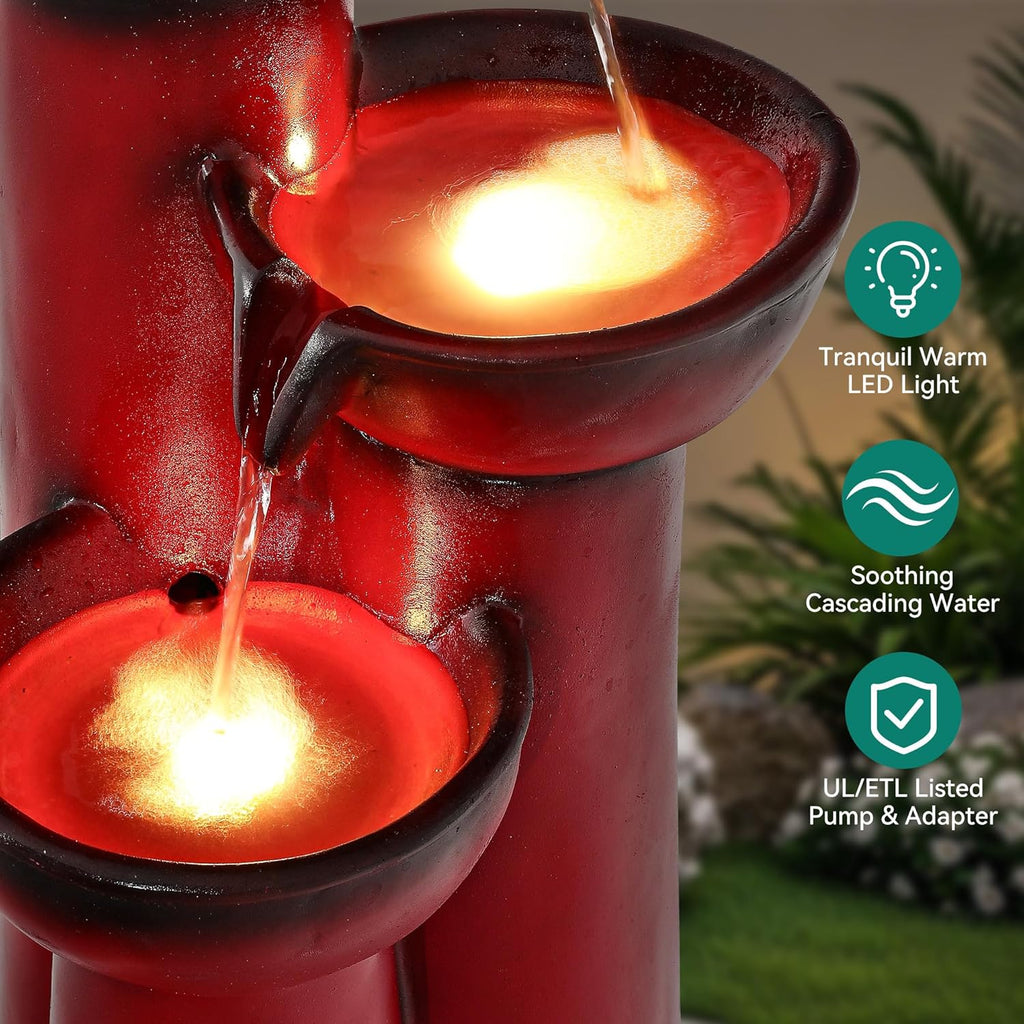 27" Outdoor Water Fountain with LED Lights, 3-Tier Cascading Faux Ceramic Column Water Feature with Pump Patio