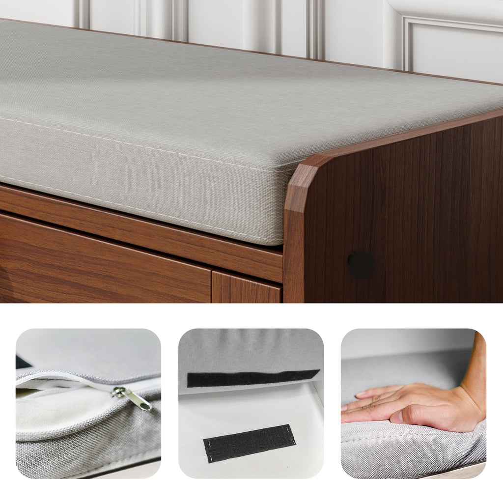 Brown Modern Entryway Bench with 2 Flip Drawers, Entryway Shoe Bench with Padded Seat Cushion, Wooden Storage Bench