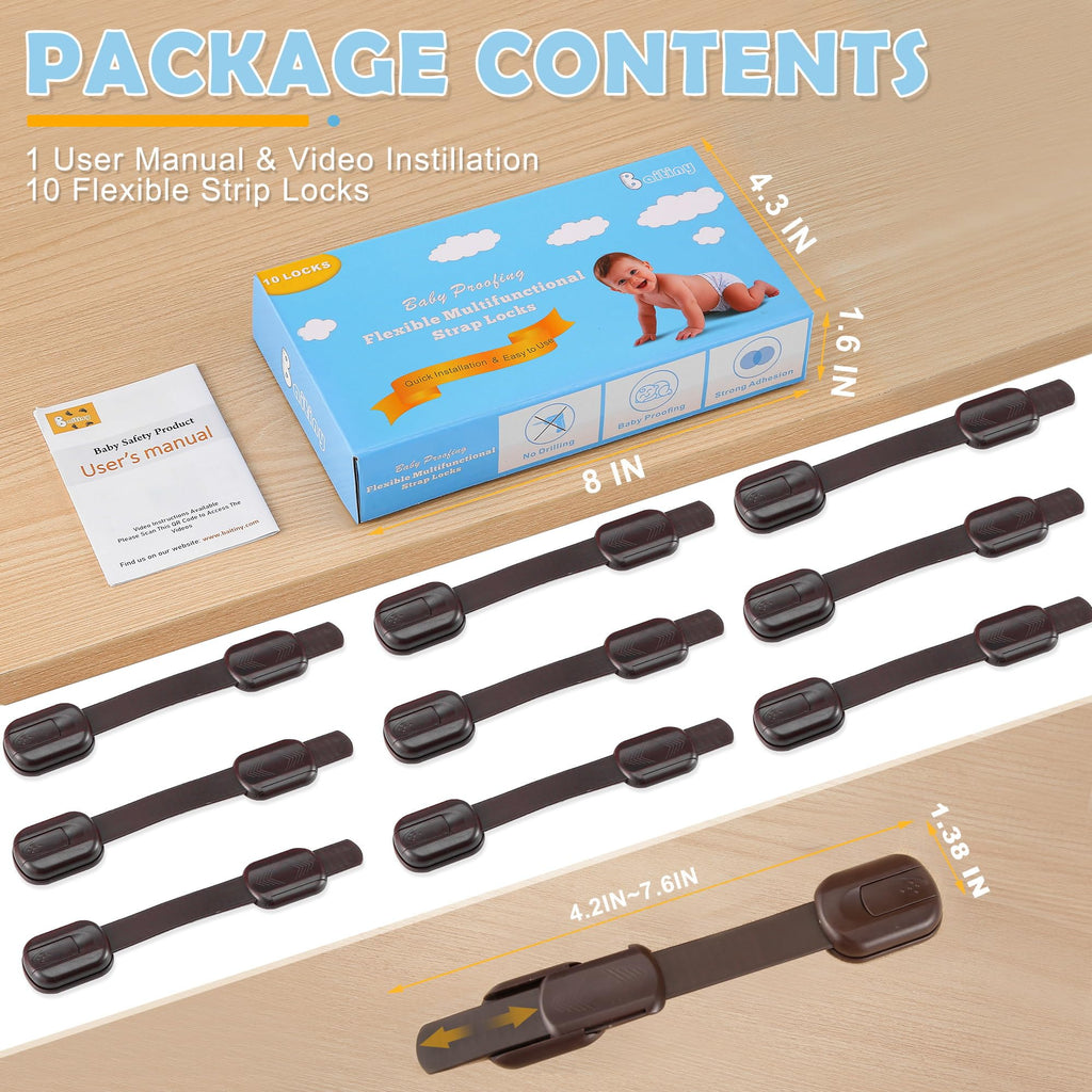 Baby Proofing Strap Locks for Cabinets and Drawers, 10 Pack, Brown