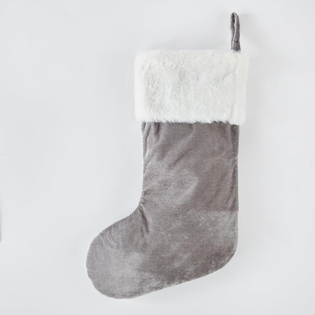Gray & Silver Snowflake Stocking with Faux Fur Cuff (Free Customization), Luxury Christmas Stocking with Embroidered