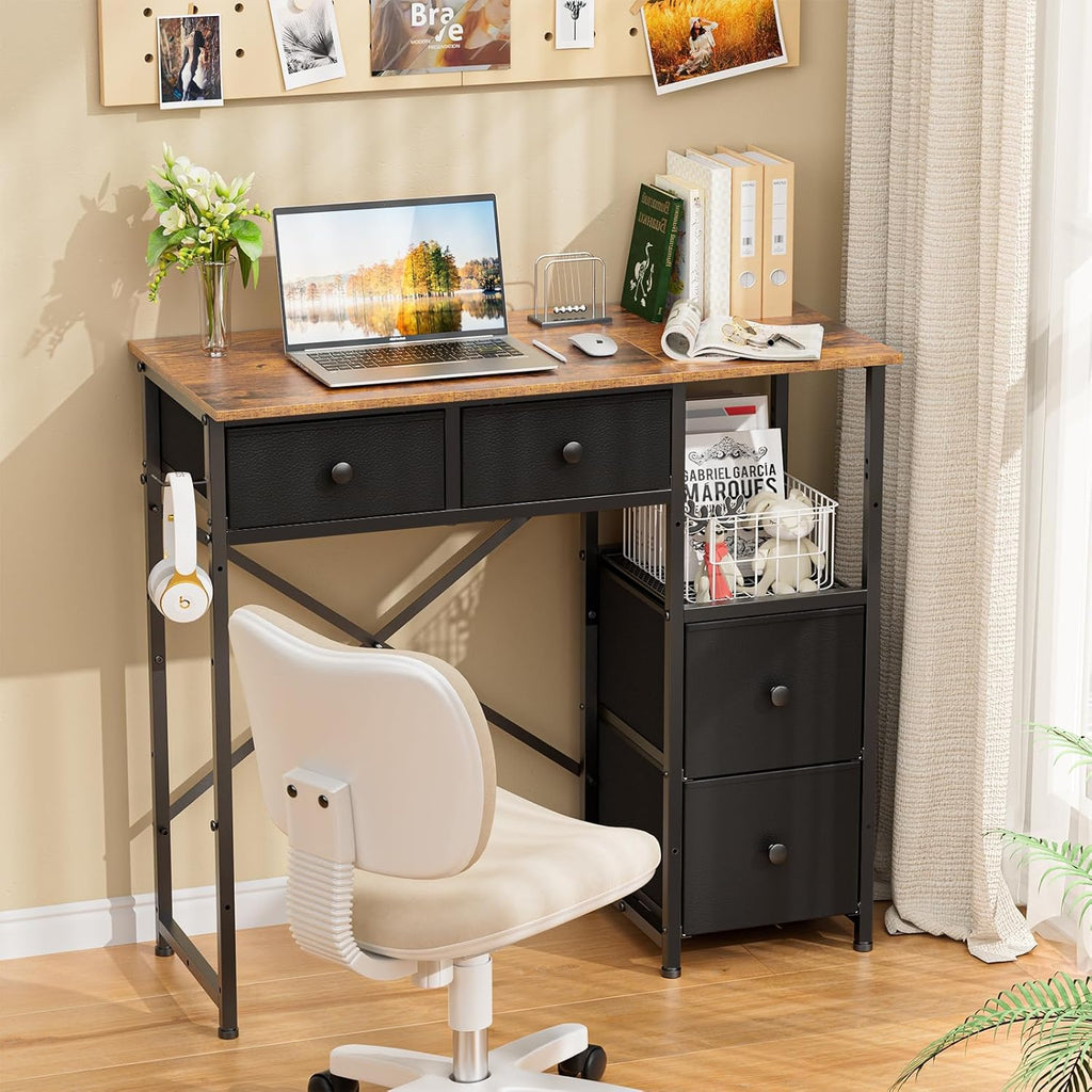 Small Computer Desk with 4 Fabric Drawers, Simple Writing Desk, Compact Study Desks for Small Spaces, Kids Desk Study