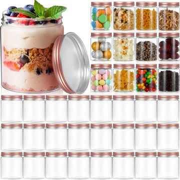 24 Pcs 8 oz Plastic Jars with Lids Clear Round Food Jars with Rose Gold Lids Plastic Mason Jars Stackable Refillable