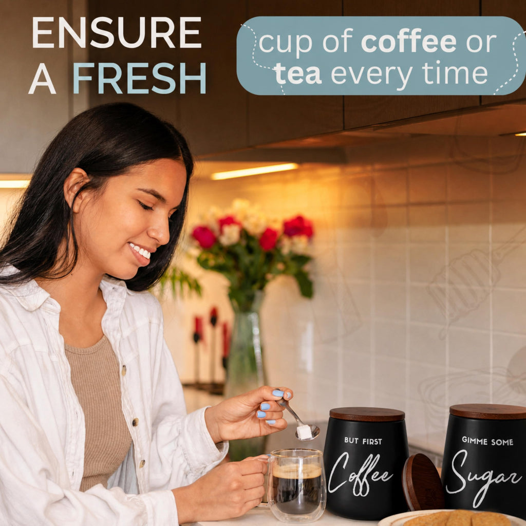Modern Coffee Tea Sugar Container Set, 3pc Ceramic Storage Jar, Matte Black