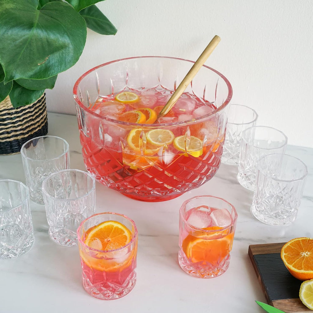 Admiral Punch Bowl Set with 8 Tumblers, Cut Crystal Cocktail Party Serveware, Dishwasher Safe, 2.5 Gallons, 9 Oz