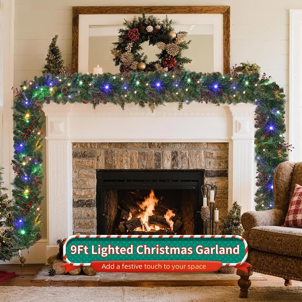 Christmas Garland with Lights 9FT, Lighted Christmas Garland Battery Powered 8 Lighting Modes, 50 LED Lights Garland