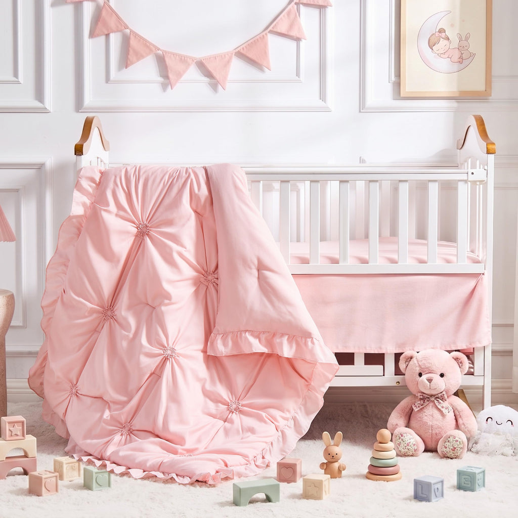 Princess Crib Bedding Set for Girls, 3 Piece Ruffles Jacquard Embroidery Baby Girl Crib Bedding Set Newborn, Infant &
