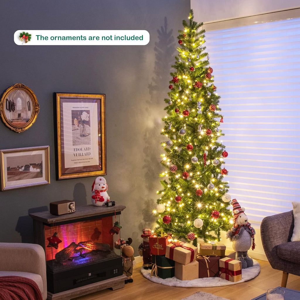 7.5ft Pre-Lit Pencil Christmas Tree, Hinged Artificial Slim Tree with 796 PVC PE Branch Tips, 350 LED Lights