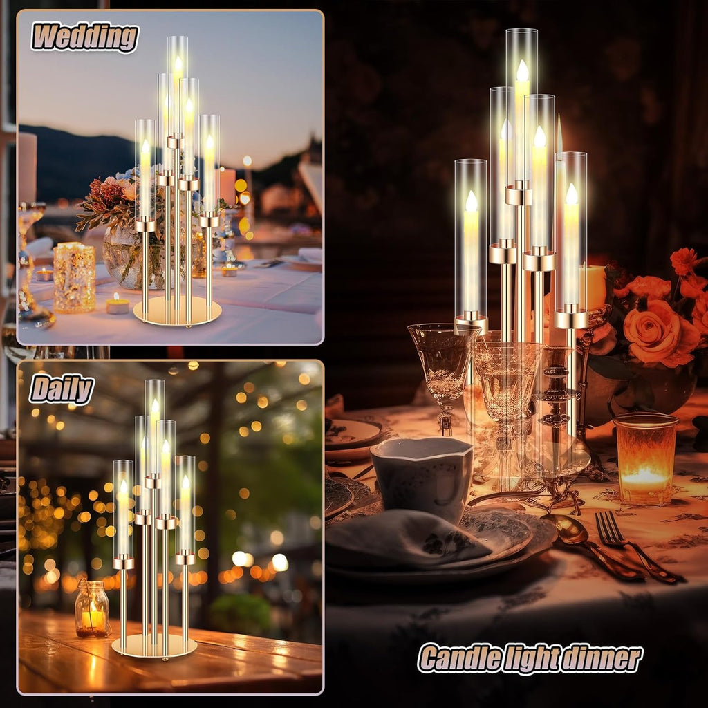 4 Set Gold Candelabra Centerpieces for Tables, 26.8 Inch 5 Arm Candle Holders with LED Candles and Acrylic Cylinders