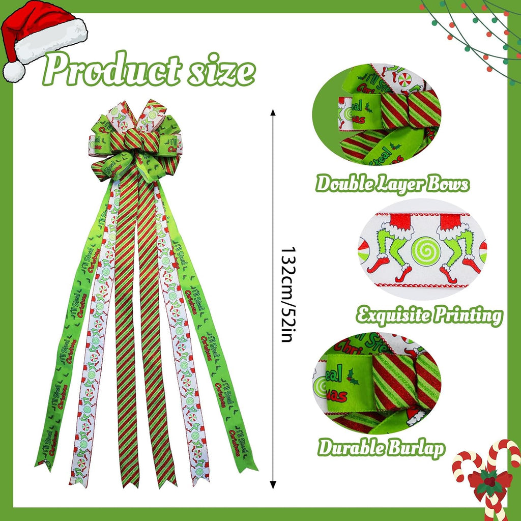 Large Christmas Tree Topper Bow 52x13 Inch, Pre-Tied Wired Wreath Ribbon