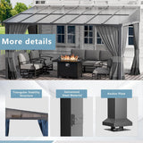 10'x 14' Outdoor Hardtop Pergola,Wall Mounted Lean to Gazebo with Curtains and Netting,Galvanized Metal