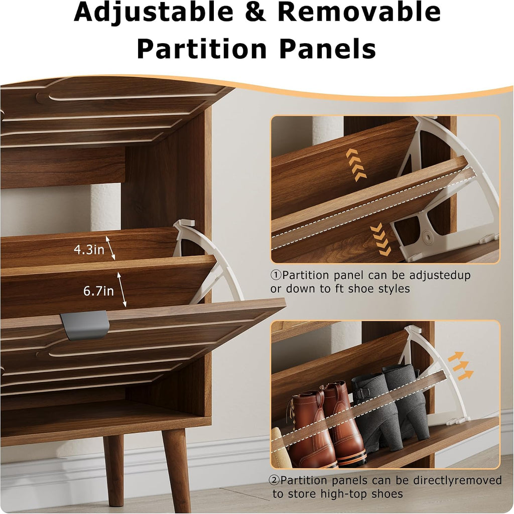Mid-Century Modern Tilt Out Shoe Cabinet Organizer with Geometric Doors, Slim Entryway Shoe Storage, Walnut