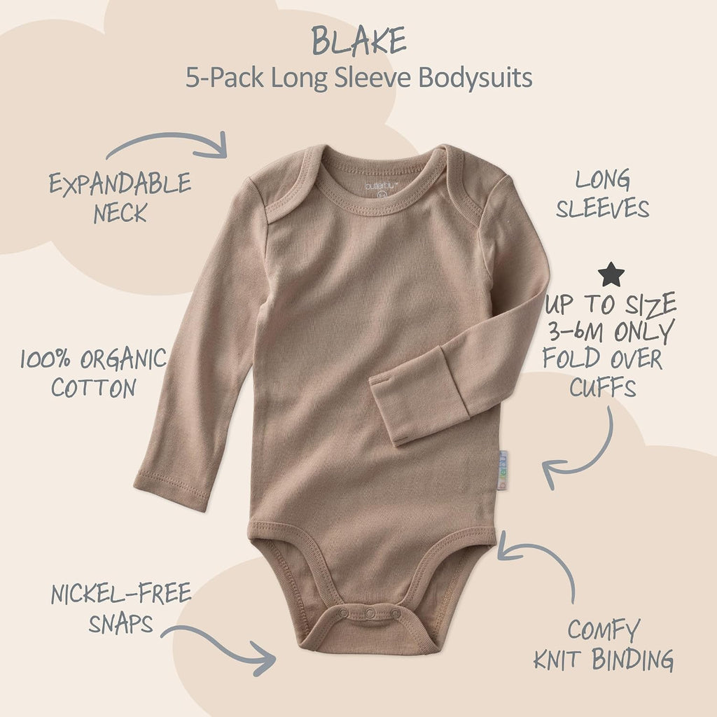 Blake Pack Long Sleeve Bodysuits 100% Organic Cotton, Unisex