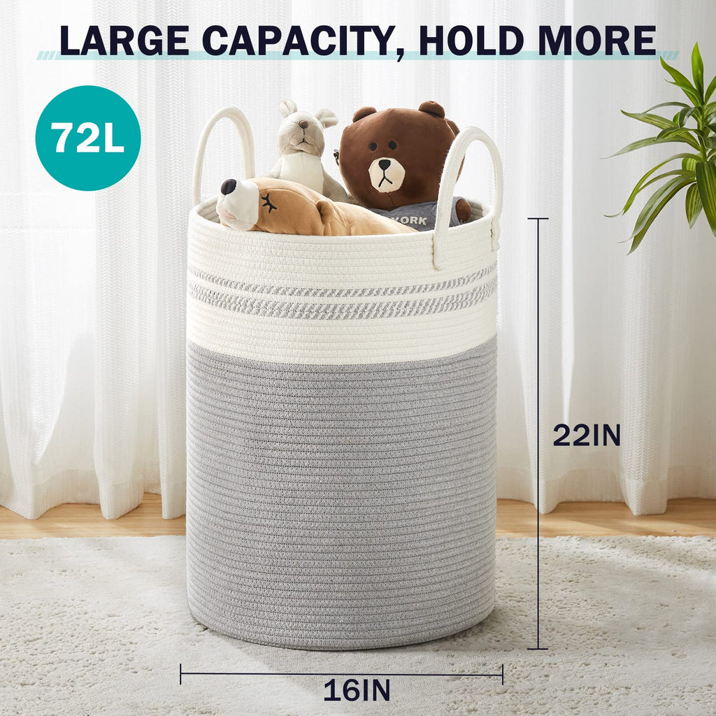 Woven Rope Laundry Hamper Basket, 72L Tall Laundry Basket-Grey