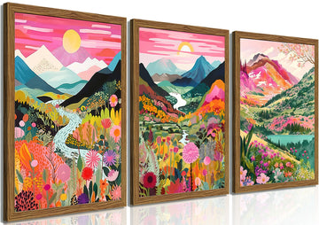 Boho Colorful Mountain Wall Art Set of 3, Abstract Watercolor Landscape Flower Wall Decor Paintings, Modern Nature