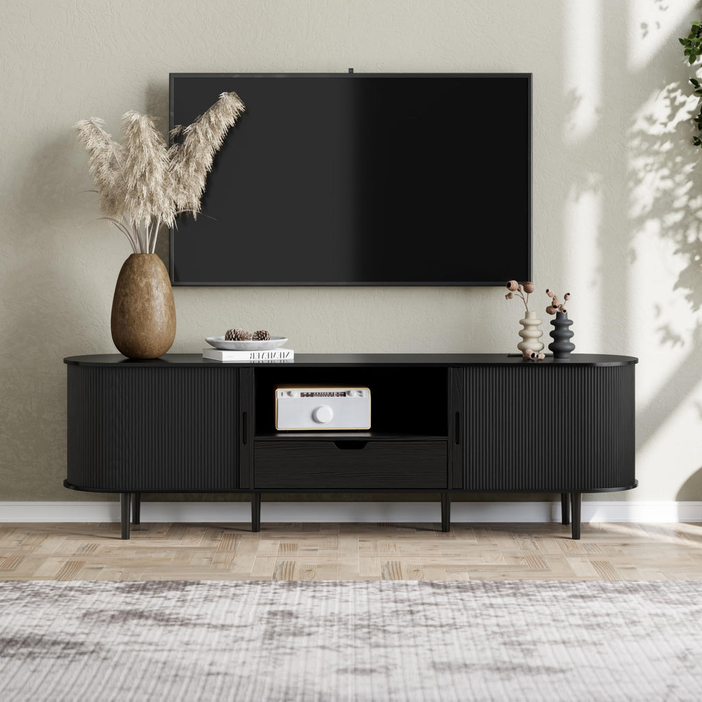 71" Fluted TV Stand with Power Outlet for TVs up to 80", TV Console with Adjustable Shelves and Sliding Door, Mid