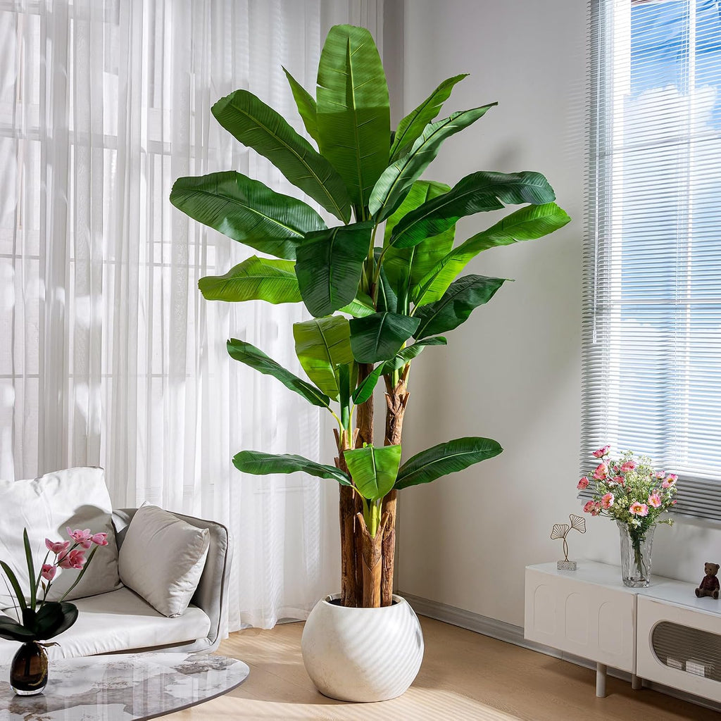 8.2FT Artificial Banana Tree, Lifelike Fake Banana Leaf Tropical Silk Tree, Easy Assembly Faux Floor Plant with
