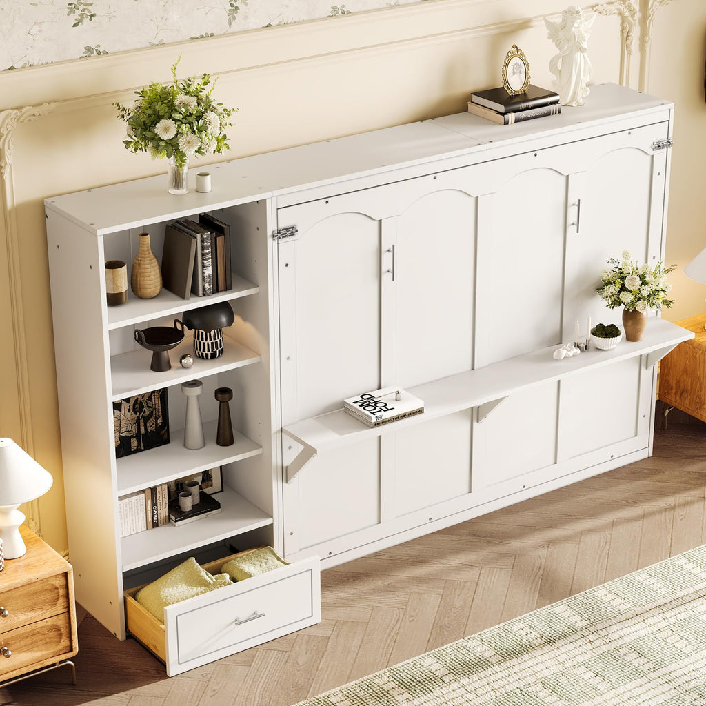 Queen Size Murphy Bed with Height Adjustable Storage Compartments and Shelf, Wall Bed Frame with 1 Drawer, Foldable