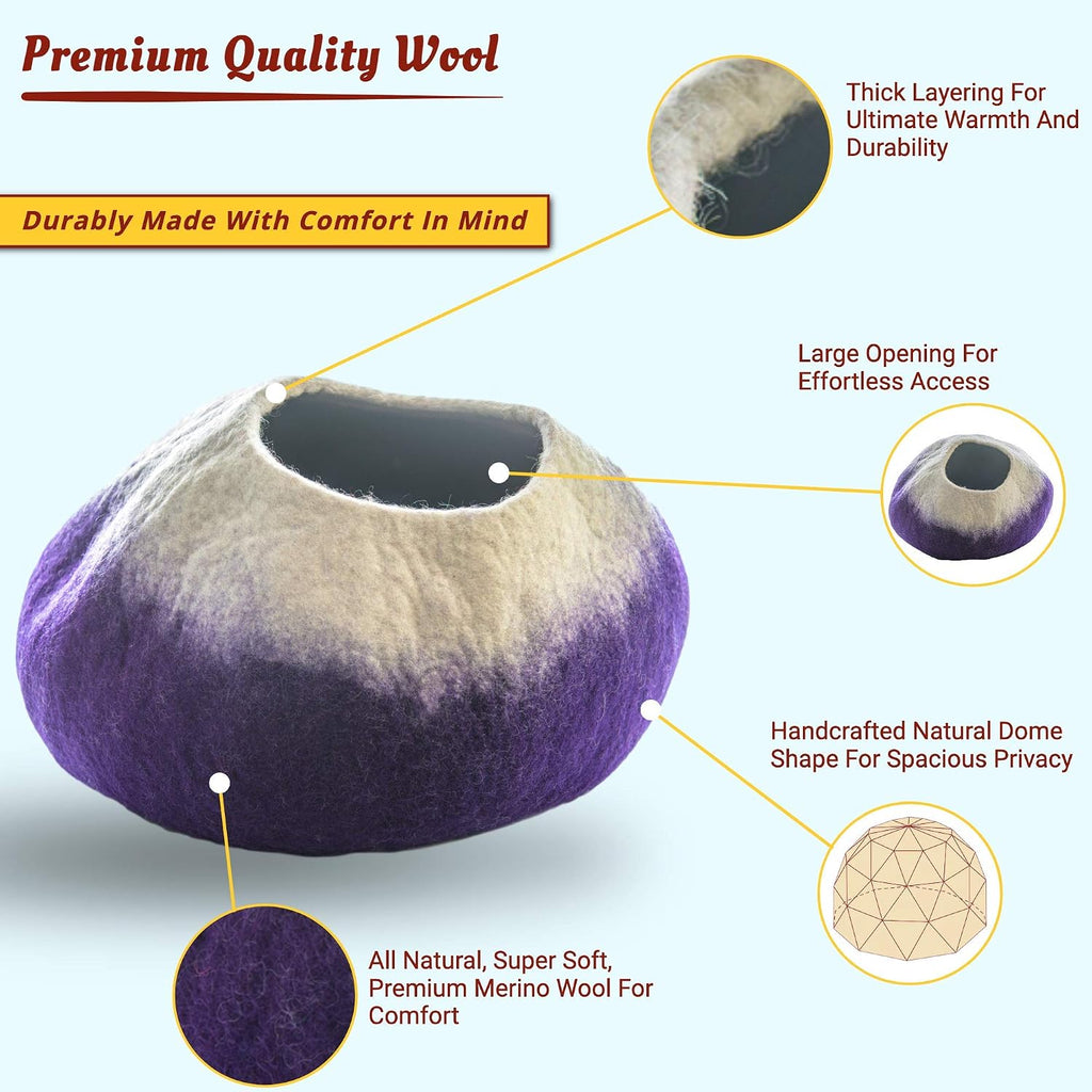 Premium Wool Cat Cave Bed (Large) | with 100% Natural Merino Wool | Eco Friendly Felt Cat Cave for Cats and Kittens