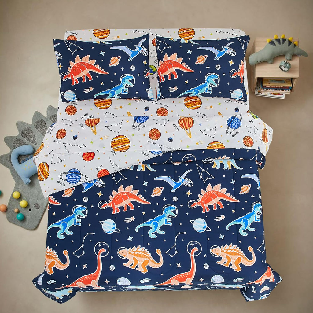 5pc Glow in The Dark Kids Comforter Set,Dinosaur Galaxy Printed, Space Bedding Set Full for Boys Girls Teen