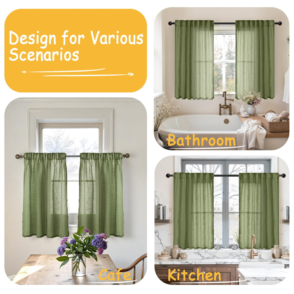 Olive Green Linen Kitchen Window Curtains 36 Inch Length - Small Semi Sheer Drapes with Back Tab Rod Pocket