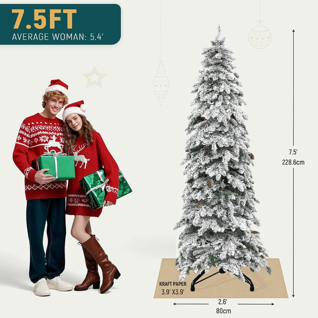 Prelit Flocked Drooping Pencil Christmas Tree with Pine Cone