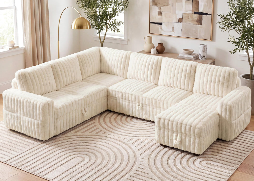 Plush Corduroy U Shaped Sectional Sofa with Pull Out Bed, Plush Beige