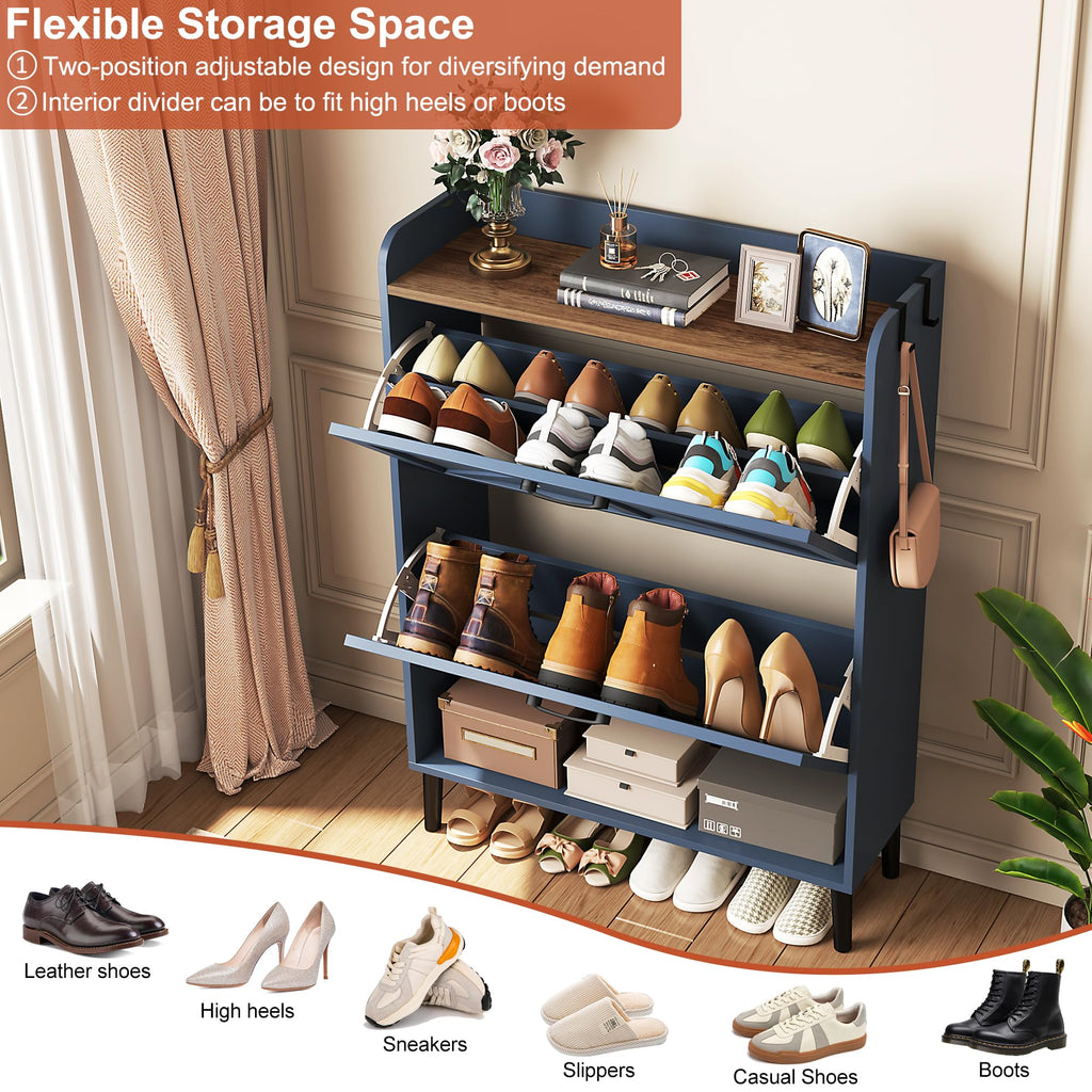Shoe Storage Cabinet, Slim Shoe Organizer with Two Flip Drawers, Narrow Shoe Holder with Wood Legs, Farmhouse Hidden