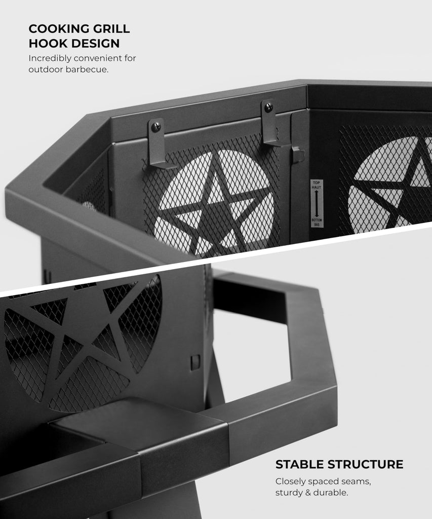 43 inch Fire Pit, Outdoor Fire Pits with Cooking Grill, Wood Burning Fire Pits for Outside, Octagonal Heavy Duty