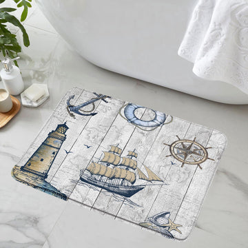 Nautical Bathroom Rugs Lighthouse Anchor Sailboat Vintage Rustic Barn Wooden Plank Ocean Compass Starfish Seashell