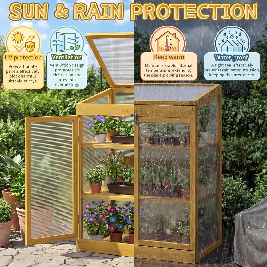 Wooden Cold Frame Greenhouse, Garden Portable Mini Solid Wood Greenhouse Cabinet with Transparent Flip-Top Roof