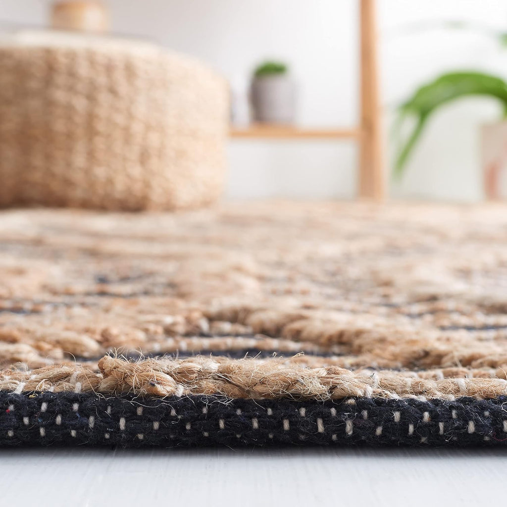 Natural Fiber Collection Area Rug - 4' Square, Black & Natural, Flat Weave Jute, Ideal, Dining Space (NF378Z)