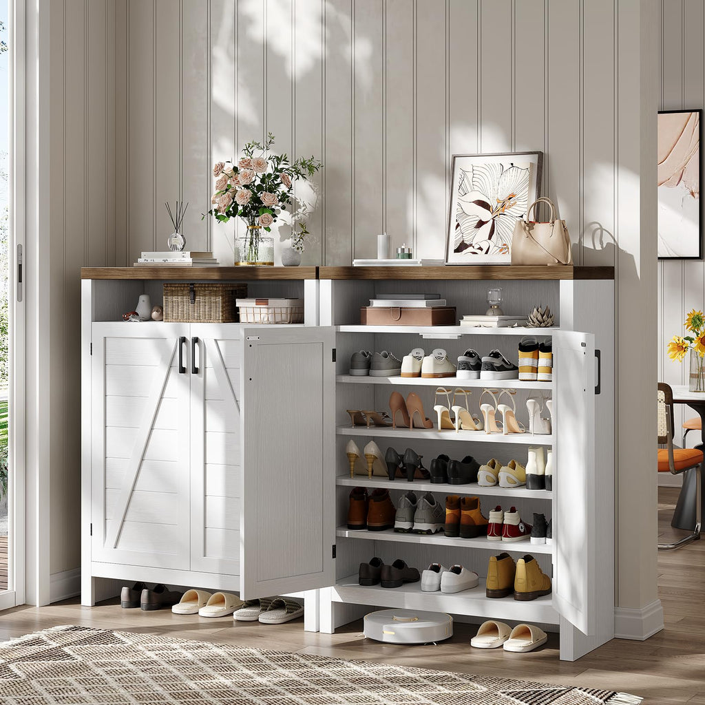 6-Tier Shoe Cabinet with Doors, Farmhouse Shoe Storage Cabinet, White