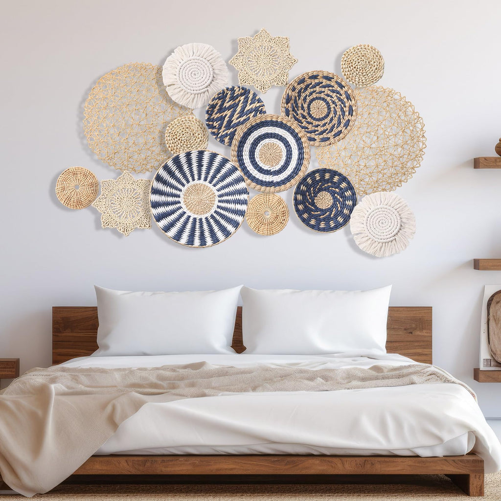 15 Pcs Boho Rattan Wall Baskets Hanging Decor, Blue Style