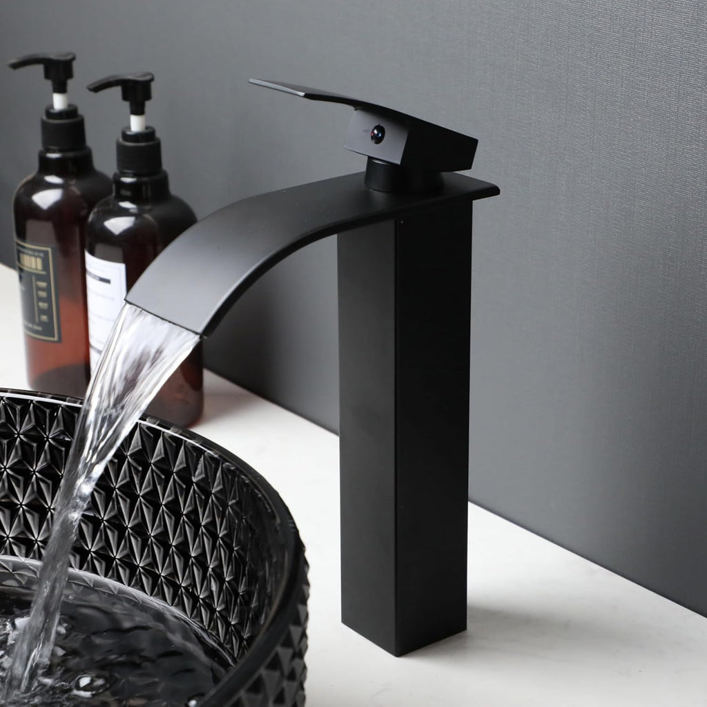 Black Crystal Bathroom Vessel Sink with Waterfall Faucet and Drain Combo,16 Inch Diamond Shaped Tempered Glass Sink