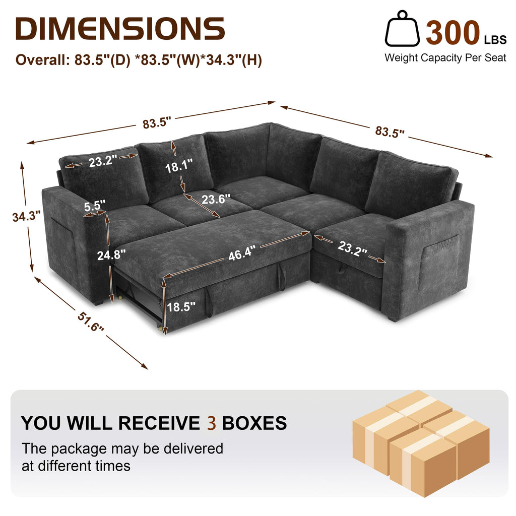 Sectional Sleeper Sofa, Pull Out Couch with Storage, Charcoal Gray, 5 Seat