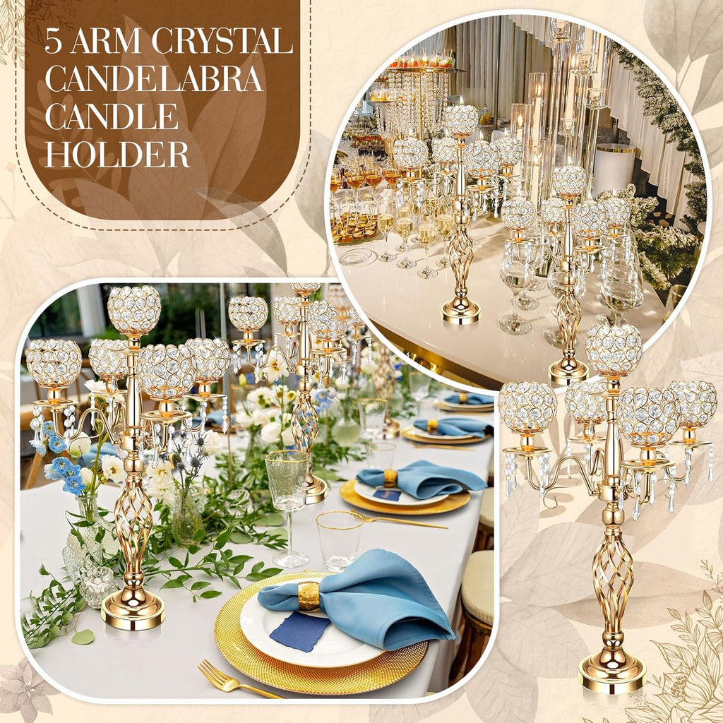8 Pcs 5 Arm Crystal Candelabra Centerpieces for Table 27 Inch Retro Victorian Crystal Candle Holders Bowl Table
