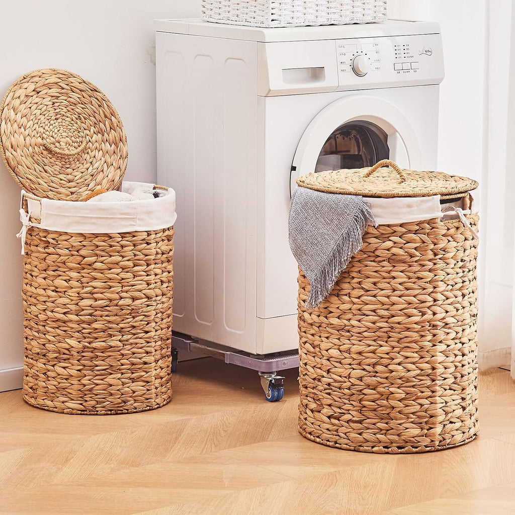 Round Water Hyacinth Laundry Hamper with Lid Handwoven Wicker Basket with Handles for Dirty Clothes, Storage, and