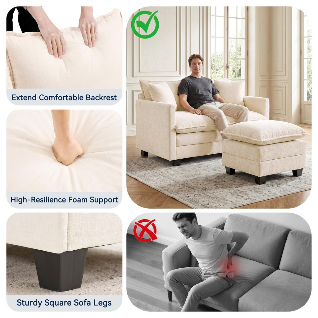 L-Shape Loveseat Sofa Couch with Ottoman, Small 50" Love Seat 27" Deep Cloud Sofa Washable Chenille Pillow Bedroom