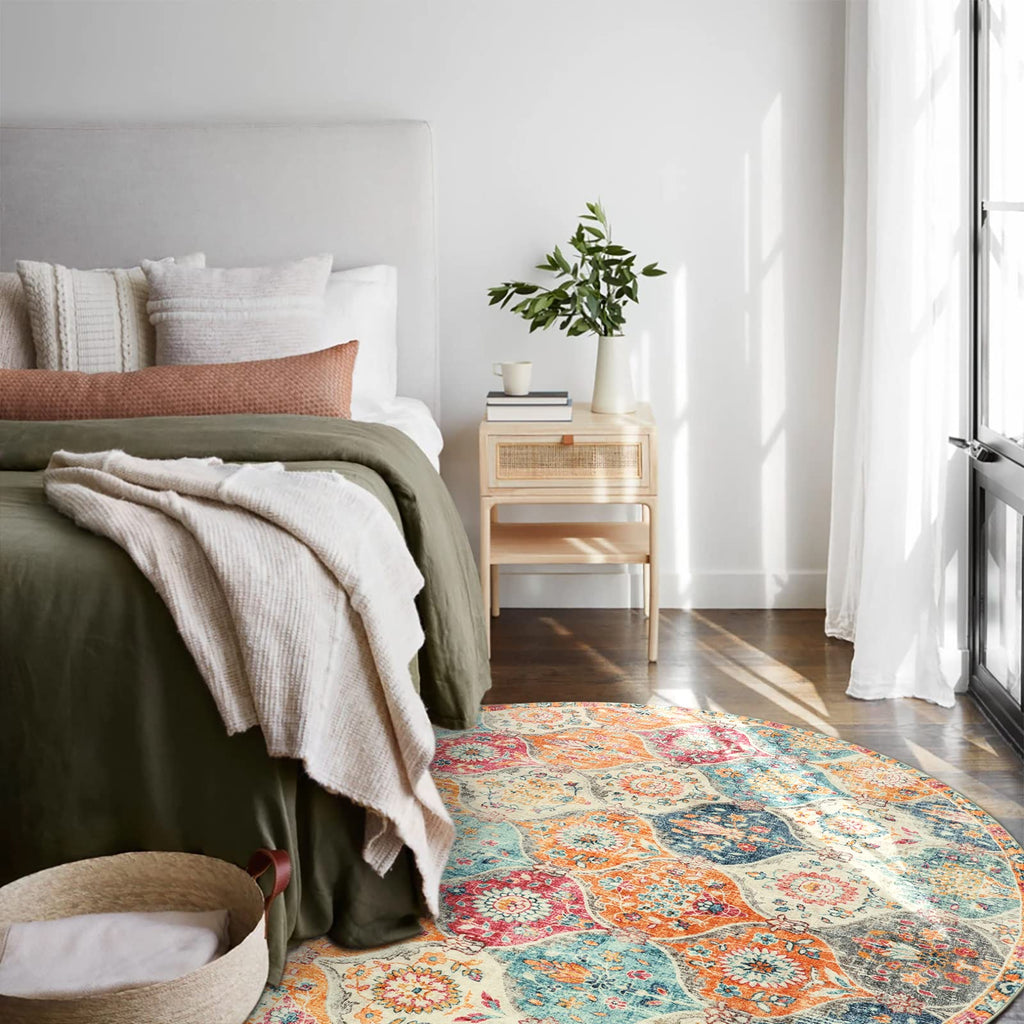 Moroccan Washable Round Area Rug, Soft Round Rugs 6ft Ultra-Thin