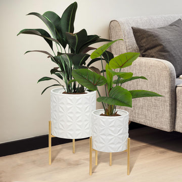 Plant Pots with Stand, Set of 2 Indoor Planter Pots, Large Metal Planters with Stand, Mid Century Decorative Flower