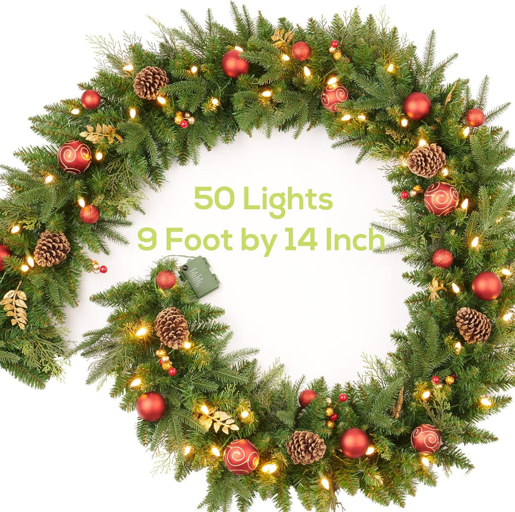 9FT Red Gold Christmas Garland Prelit with Battery Operated 50 LED Lights,Holiday Decoration Stairs Mantle Door