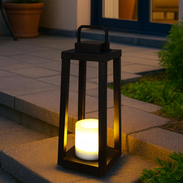 Modern Outdoor Solar Lantern Black Metal Frame with Flickering LED Candle Waterproof and Portable Deck or Pathway