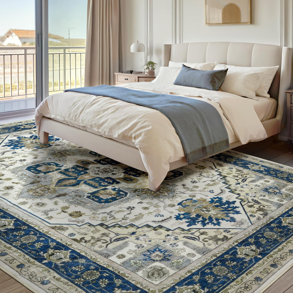 Machine Washable Area Rug - Large Vintage Oriental Soft Rugs, Low Pile Thin Floor Carpet with Non Slip Backing